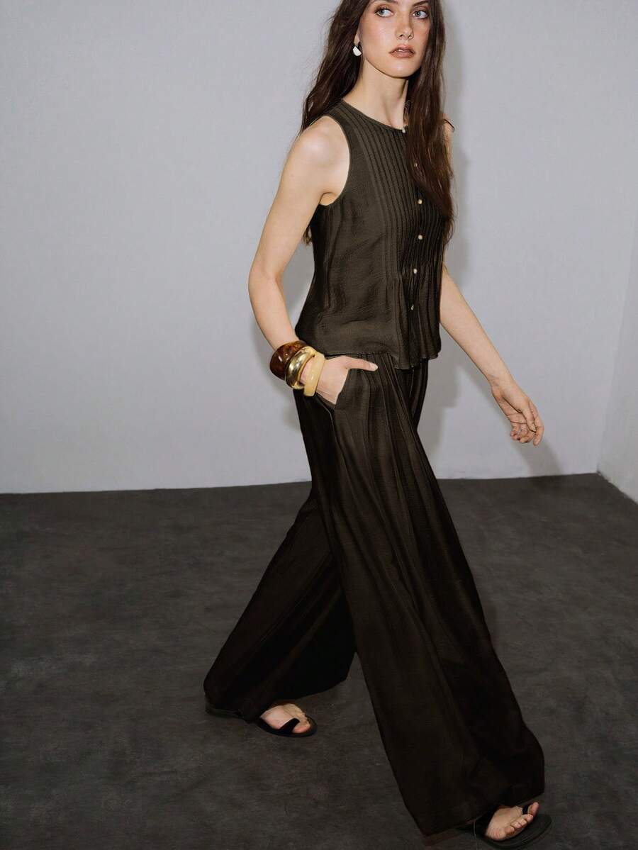 MOTF PREMIUM VACATION LINEN LOOSE WIDE LEG LONG PANTS SPRING SUMMER - Coffee Brown - View 2