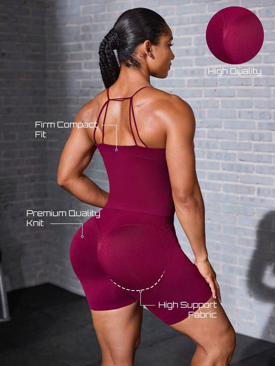 Solea Cove Halter Neck Top And Shorts Tight Fit Sports Athleisure Athletic Set Gym Burgundy Summer - Burgundy - View 1