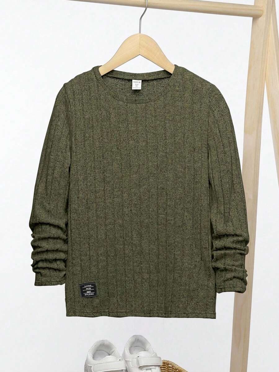 SHEIN 兒童男童休閒拼接圓領長袖套頭T恤 - 軍綠色 - 查看 1
