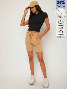 SHEIN BASICS 女款純色休閒圓領短袖短版T恤上衣 白色上衣 - 黑色 - 查看 12