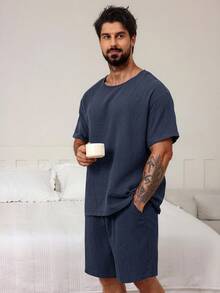 DAZY Conjunto de pijama de color gris oscuro sólido para hombre, de verano - Azul Marino - Ver 8