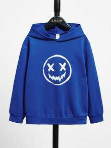 SHEIN Kids Tween Boy Cartoon Long Sleeve Smiling Face Print Sweatshirt Sweatshirt, Casual Daily Wear, Autumn/Winter - Blue - View 3