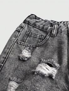 SHEIN Girlism 青少年女孩星星刺繡圖案黑色牛仔寬鬆破洞寬腿長褲 - 黑色 - 查看 4