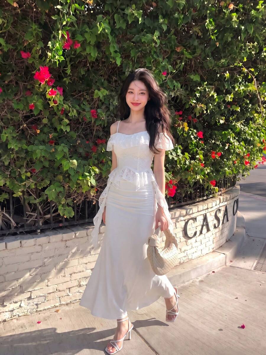 SHEIN MOD White Off-Shoulder Romantic Vintage Blouse With Ruffled Hem For Women Graduation Concert Women White Top - White - View 1
