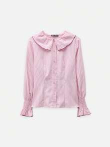 Nöista Blusa de rayas finas rosas con cuello de volantes y costuras de contraste. Estilo de otoño, vuelta al colegio y oficina. - Rosa - Ver 7