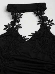Celisse Women's Applique Decor Backless Halter Long Dress - Black - View 4