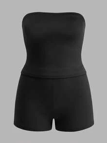 IslaSuriya Setelan Seksi 2 Potong Atasan Tube Top dan Celana Pendek Warna Polos untuk Liburan Ukuran Plus - Hitam - View 3