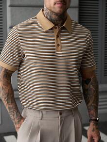 Manfinity Homme Men's Contrast Collar Textured Knit Striped Polo Shirt, Men Retro Casual Short Sleeve Street Top - Multicolor - View 7