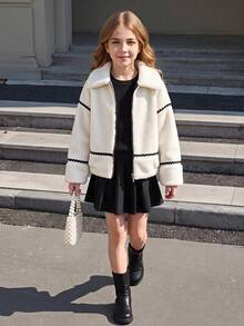 SHEIN Serisse Kids Tween 女童休闲街头风格时尚领口撞色装饰泰迪羊毛超大夹克，适合秋冬季 - 白色 - 查看 7
