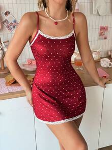 SweetSlumber Sweet INS Romantic Colorblock Heart Print Lace Patchwork Mini Slimming Sexy Women's Nightgown - Burgundy - View 6