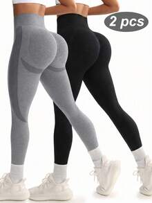 SHEIN Velisys 女款純色高腰無縫運動緊身褲 - 彩色 - 查看 1