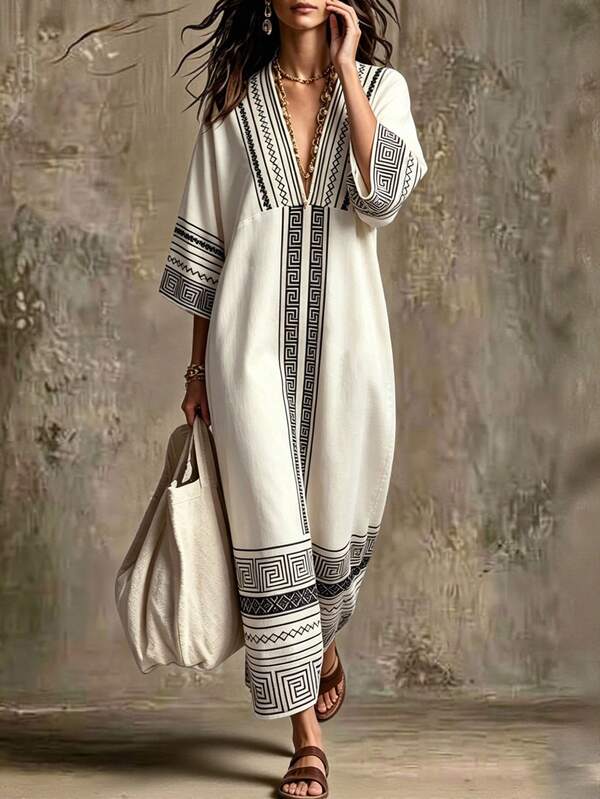 Ceyna New Plus Size Women's Black And White Bottom Geometric Print Loose V-Neck Batwing Half Sleeve Autumn Long Dress Party Boho Fall