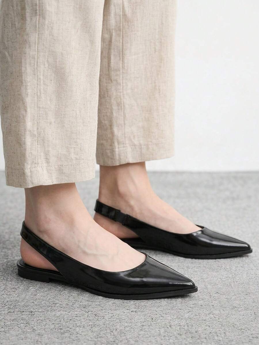 CUCCOO BIZCHIC Minimalist Solid Color Pointed Toe Flat Slip-On Casual Commuting Simple Basic Matching Backless Flat Shoes, Office Wear Spring Shoes - Patent leather black - View 1