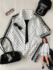 Comfortcana Plus Size Women Casual Style Suitable For Outdoor Wear White Polka Dot 2 Pieces Set Fall - White - View 1