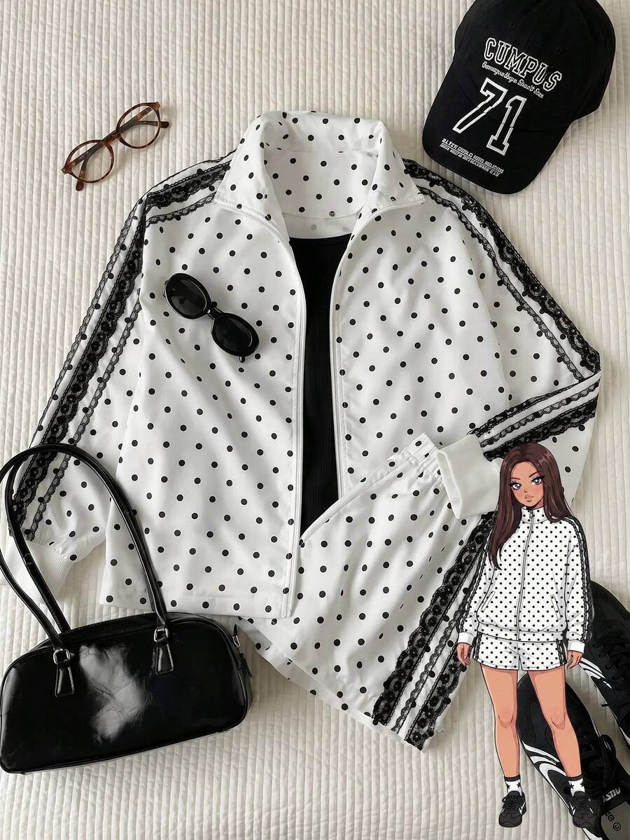 Comfortcana Plus Size Women Casual Style Suitable For Outdoor Wear White Polka Dot 2 Pieces Set Fall - White - View 1