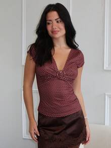Nelanie Turli 女款休閒針織棕色波點深V領短袖抓皺胸前修身正長度上衣 夏季 - 棕色 - 查看 1
