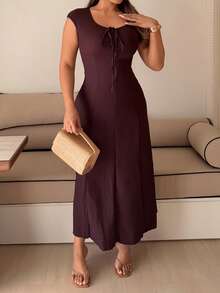 Maria Perezxox Fashionable Solid Color Cinched Waist Fitted Knit Maxi Dress, European And American Style Elegant Summer - Coffee - View 6