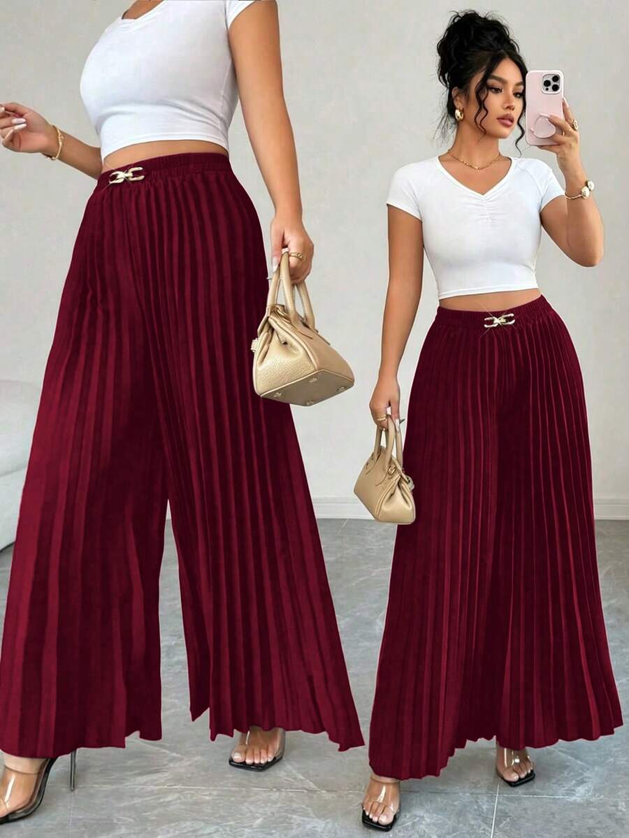 Elenzga Plus Size Spring New Pleated Wide Leg Pants, Suitable For Commuting, Gatherings And Various Occasions. Suitable For Casual, Commuting, Vacation, Afternoon Tea, Christmas Party And Other Occasions. - Burgundy - View 1