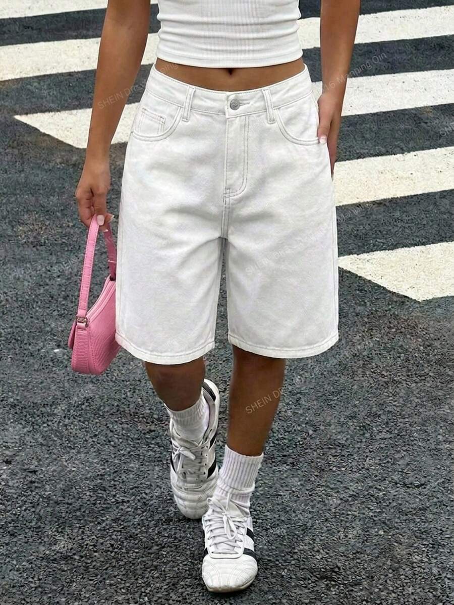 Teen Girl Zipper Button Pocket Low Waist Denim Shorts - White - View 1