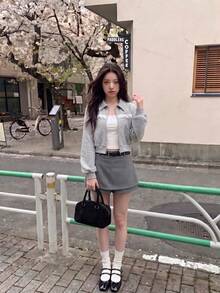 SHEIN MOD Women's Lapel Long Sleeve Lace Patchwork Short Sweatshirt,Back To School Clothes,Grey Sweatshirt,Casual Tops In Fall/Winter - Light Grey - View 5