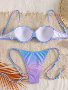 SHEIN Swim 夏季新款跨境 INS 風格性感三角繫帶比基尼美人魚貝殼比基尼套裝女款，螢光藍粉漸層兩件式泳衣附珍珠飾品，海洋度假海灘比基尼套裝，甜美女孩風，溫泉海灘度假比基尼泳衣，生日派對度假海灘比基尼 - 彩色 - 查看 2