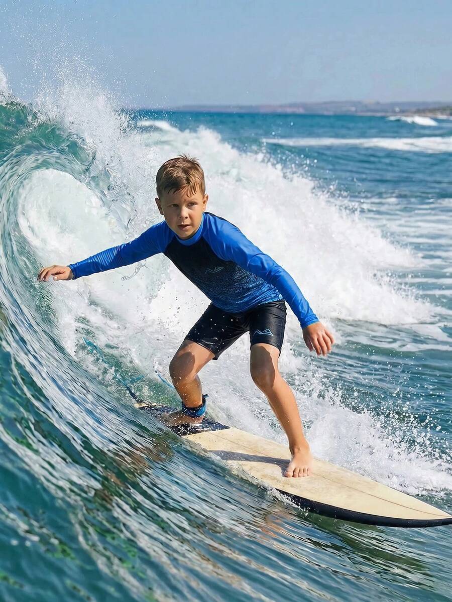 SHEIN Tween Boy Casual Minimalist Yellow & Black Ombre Rash Guard & Swim Trunks Set, Suitable For Summer - Blue - View 1