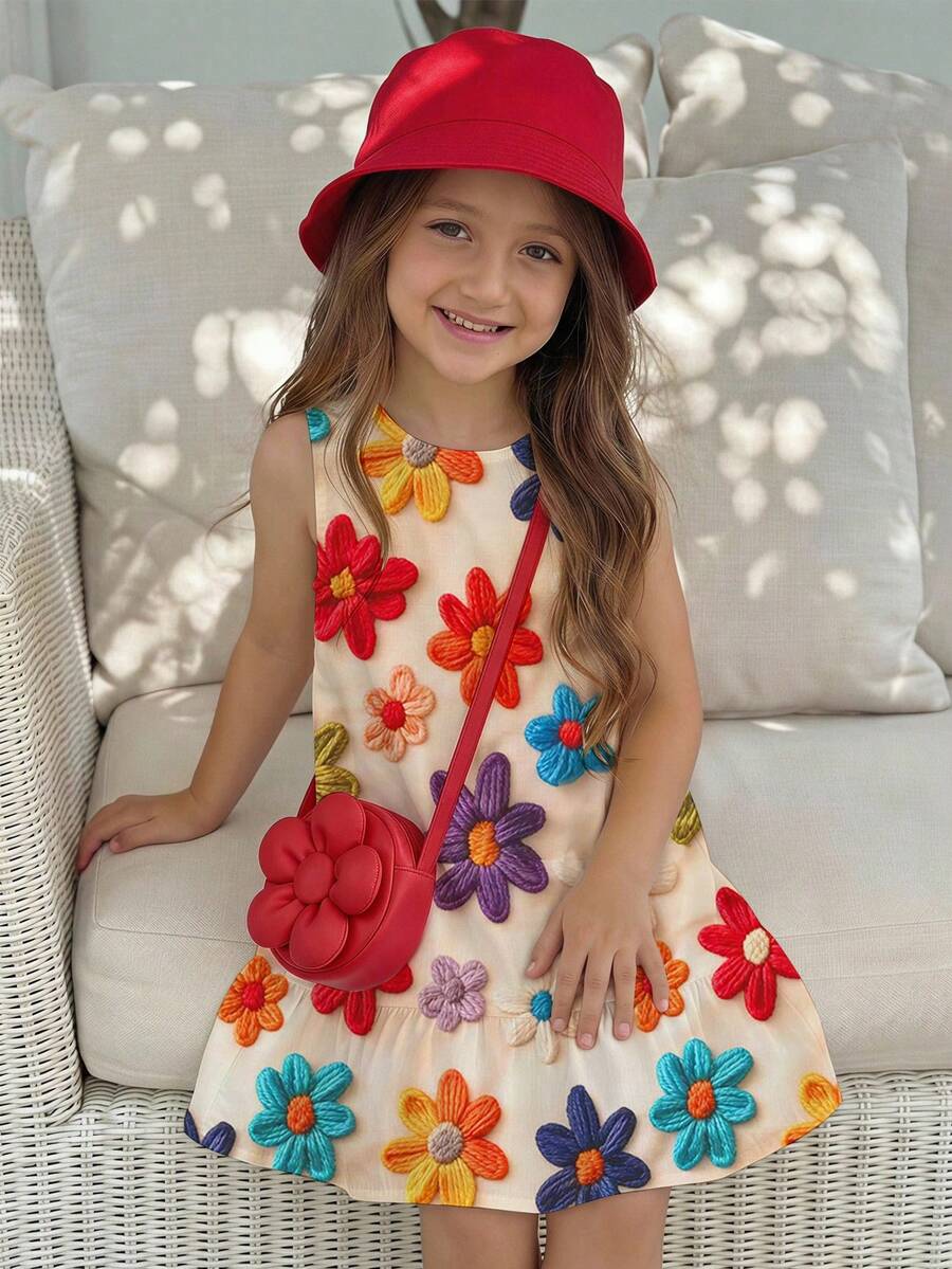 少女休閒可愛紋理碎花紅色復古鄉村風圓領拼接洋裝,適合夏季,波點圖案,Kawaii - 紅色 - 查看 1