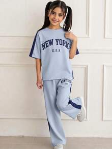 Tween Girl Loose Casual Comfortable Round Neck Patchwork Contrast Color T-Shirt And Pants Set - Multicolor - View 7