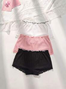 PetitDoll 3-Pack Plus Size Women's Casual Ruffled Waist Lace Trim Ribbed Boyshort Panties - Multicolor - View 2