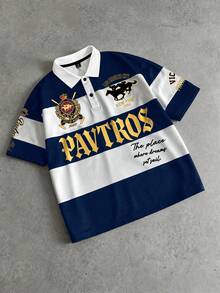PAVTROS 男士美式學院風徽章刺繡短袖 Polo 衫，翻領半袖 T 恤，美式復古學院風，高街奢華運動風，適合日常通勤、校園活動、聚會、輕社交、高爾夫及其他戶外運動，節日禮物 - 藏蓝色 - 查看 5