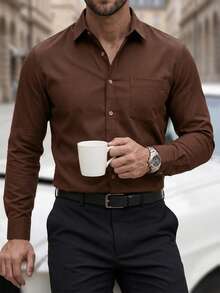 Manfinity Mode 男士素色單排扣口袋休閒長袖正式襯衫，深褐色襯衫，鐵鏽色男士襯衫，秋季，儀式 - 咖啡棕 - 查看 3