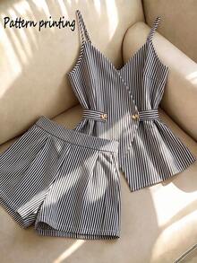 GlowEve CURVE Women's Striped Camisole Top And Shorts Casual Daily Set - Black and White - View 1