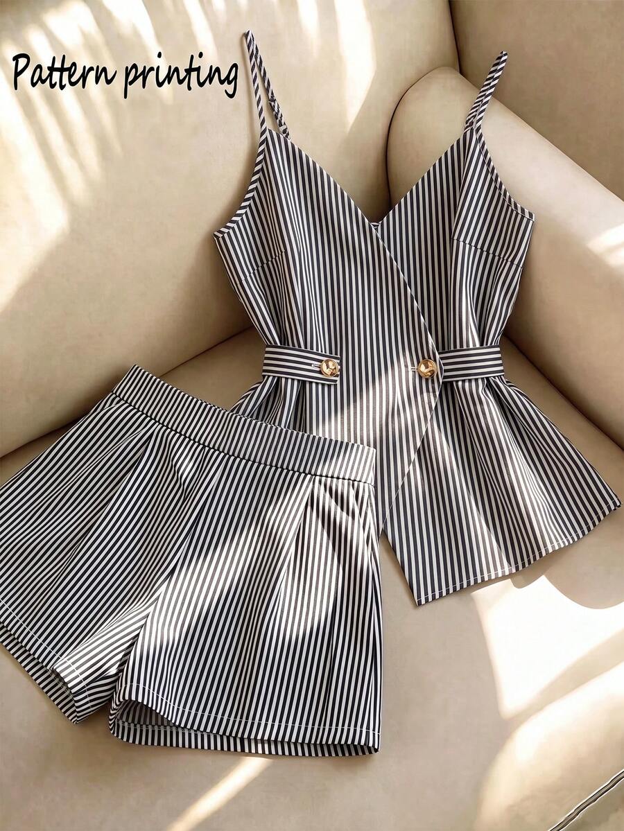 GlowEve CURVE Women's Striped Camisole Top And Shorts Casual Daily Set - Black and White - View 1