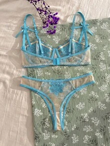 CottageSlumber 網紗花卉刺繡鋼圈浪漫清新女款內衣2件組 - 藍色 - 查看 8
