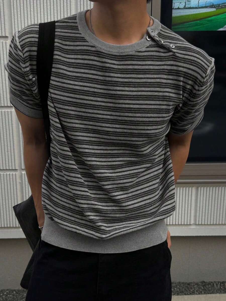 DAZY Men's Short Sleeve Striped Crew Neck Button Asymmetric Placket Knit Top - Multicolor - View 1