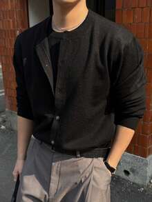 DAZY Black Long Sleeve Solid Color Round Neck Commuter Men's Cardigan - Black - View 8