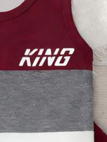 SHEIN Playful Pals 2件套男婴时尚街头休闲条纹撞色“KING”印花背心和字母印花短裤，夏季套装 - 彩色 - 查看 5