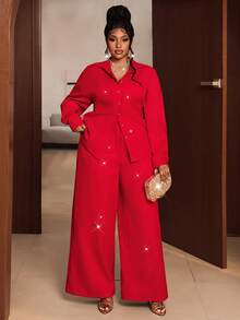 Maweii Plus Size Elegant Low-Key Mature Style Red 2 Pieces Set With Subtle Glitter And Starry Sparkle, Luxury Festive Red Outfit - Red - View 5