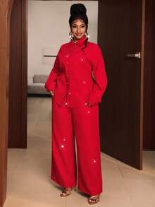 Maweii Plus Size Elegant Low-Key Mature Style Red 2 Pieces Set With Subtle Glitter And Starry Sparkle, Luxury Festive Red Outfit - Red - View 7