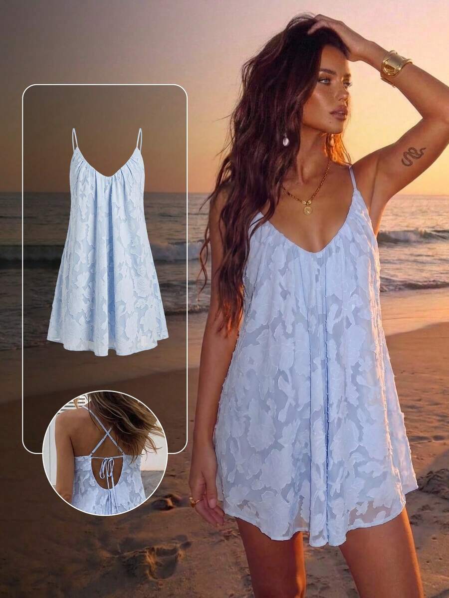 Aloruh Women's Floral Cutout Fashion Spaghetti Strap Mini Dress For Vacation Beach Holiday Vacation Light Blue Floral Summer Jamican Sexy Tropical - Baby Blue - View 1
