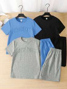 SHEIN 兒童 6件組 青少年男孩休閒藍色夏季度假服裝套裝，寬鬆字母圖案圓領T恤與短褲，適用於學校、日常穿著、運動 - 灰色 - 查看 4