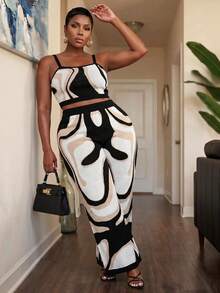 Slaydiva Ensemble 3 pièces pour femmes grande taille, style décontracté élégant d'automne, veste zippée à manches longues en tricot crochet géométrique, débardeur camisole et pantalon ample, motif intégral blanc et noir - Multicolore - Voir 12