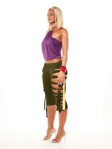 SUMWON WOMEN Jersey Macrame Cut Out Capri Leggings With Knot Detail And Colorful Side Ribbon Ties Festival Style - Army Green - View 4