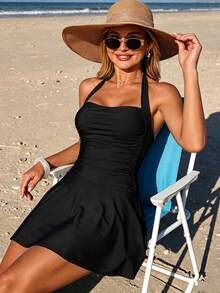 Swim Lushoire Đầm bơi xếp nếp màu đen cơ bản cho nữ mùa hè không dây, có quần legging ngắn, lễ hội âm nhạc - màu đen - Xem 2
