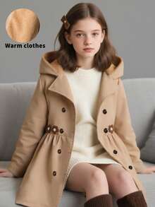 SHEIN Chaqueta casual con capucha de felpa de media longitud para niñas preadolescentes, invierno - Caqui - Ver 8
