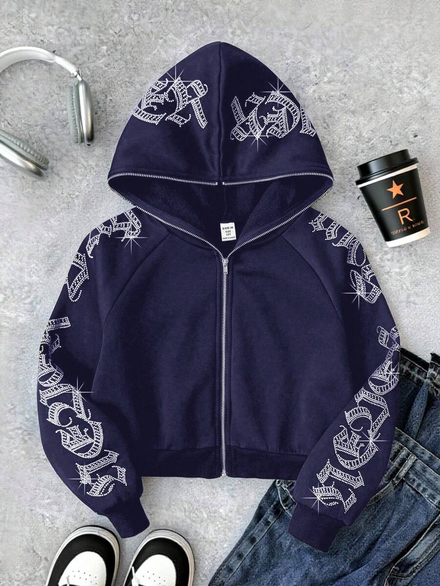 SHEIN 青少年女孩哥德風文字鑲鑽短版拉鍊連帽衛衣,秋冬長袖上衣,畢業穿搭,返校穿搭 - 藍色 - 查看 1