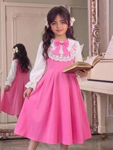 Tween Girl Back To School Outfit Pink & White Patchwork Long Sleeve 3D Bow Decor Lapel Open Front Dr - Pink - View 8