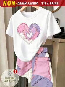 (Patrón aleatorio, 2 sets aleatorios) Camiseta corta básica y pantalones cortos para niñas con estampado fresco y colorido de rayas marrones, flores, púrpura, rosa, patchwork, corazones y caras - Multicolor - Ver 6