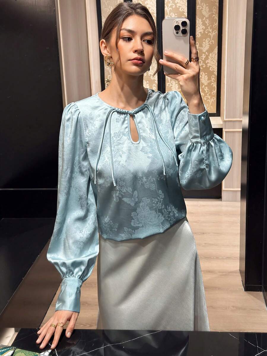 EastFlair Women Tops Office Dinner Date Daytime Brunch Light Blue Floral Autumn Elegant Mature Tea Party - Green - View 1