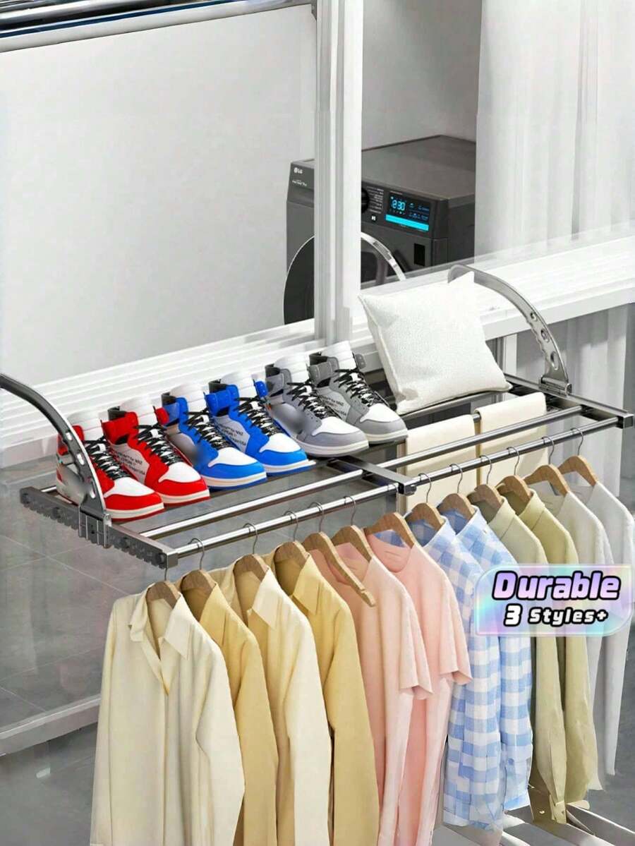 1 Paket Rak Jemuran Pakaian Stainless Steel Anti Karat yang Dapat Ditarik dan Dipasang di Dinding, Serbaguna, Dapat Digunakan Ganda sebagai Tempat Penyimpanan Sepatu, Hemat Ruang, Kokoh, Tahan Lama untuk Dalam dan Luar Ruangan, Aksesori Pengorganisasian Cucian Rumah Tangga - abu-abu metalik - View 1
